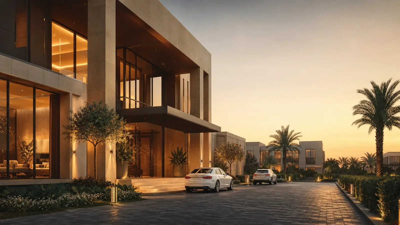 مشروع سكني وتجاري معاصر عند الغروب